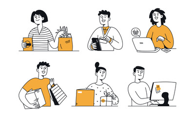 Vector Doodle Set of People Shopping Online with Delivery Concept. Different Characters, Diversity, People Using Mobile Phone, Laptop, PC for Online Shopping