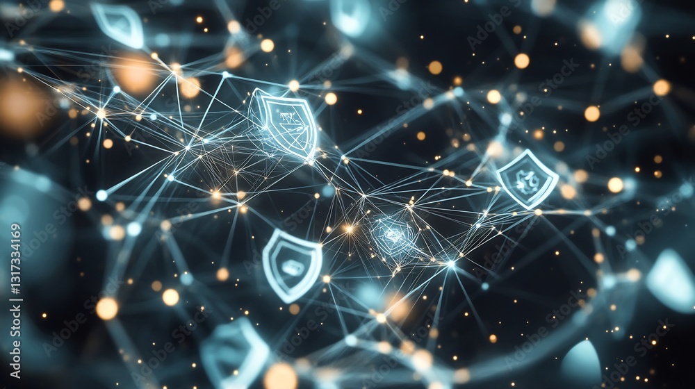 Poster Abstract representation of insurtech showcasing symbolic shields interconnected layers digital insurance technologies