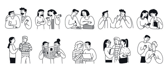 Diverse group of men and women communicating with each other. Set of happy people. Communication concept. Doodle vector illustration
