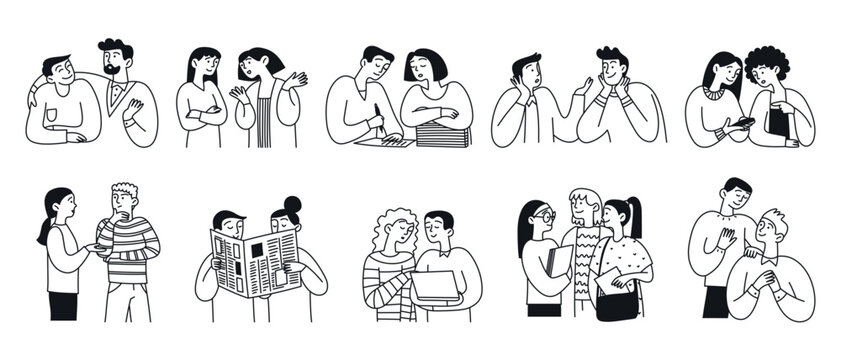 Diverse group of men and women communicating with each other. Set of happy people. Communication concept. Doodle vector illustration