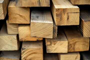 Stacked timber planks in warm lighting and soft focus. Artificial Intelligence image