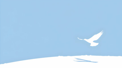 White dove flying over snowy landscape, peaceful scene, hope concept, for peace or serenity projects