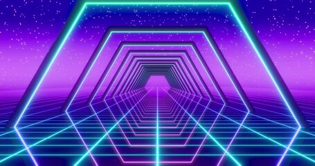 Futuristic glowing neon gate and wireframe background. Shining grid planes and gates in perspective. Bright retro digital horizon. Starry sky. 4K 3D rendering loop animation. - Powered by Adobe