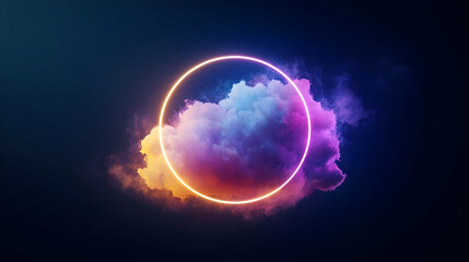 Fototapeta premium Vivid Neon Circle Against A Dreamy Multicolored Cloud On A Dark Background With An Ethereal Glow