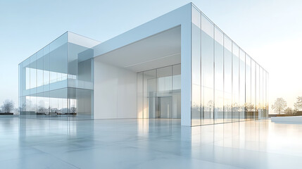 Obraz premium Modern architectural building with clean lines glass facade and expansive outdoor space bathed in soft natural light.