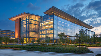 Obraz premium Modern glass office building illuminated at dusk surrounded by landscaped greenery and a parking area under a dramatic sky.