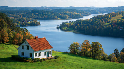 Quaint cottage on a green hillside overlooks a serene lake surrounded by rolling hills and colorful autumn trees.