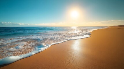Fototapeta premium Golden Hour at the Beach: Serene Ocean Waves Washing Ashore a Tranquil Sandy Coastline at Sunset.