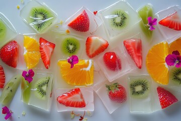 Aesthetic ice cubes infused with strawberries, kiwi, and orange slices, melting on a white surface with edible flowers and fresh fruit.