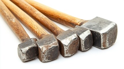 Four small, worn hammers with wooden handles are arranged close together against a white background. The metal heads show signs of use and age.