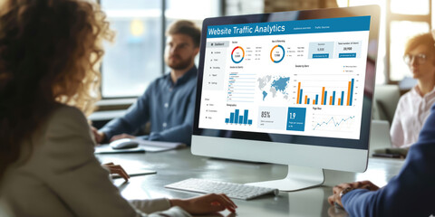 Computer software for website traffic analytics data on computer screen. Concept of SEO search engine optimization and customer targeting for online business brisk