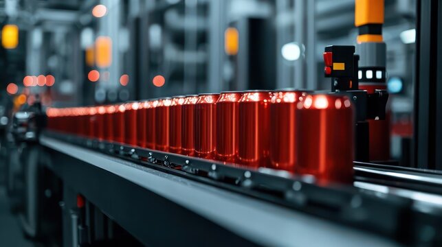Red Cans on Automated Conveyor Belt in a Modern Factory Production Line