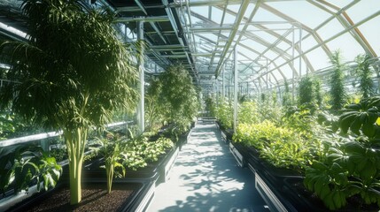 Fototapeta premium Inside a futuristic greenhouse with diverse vegetation and advanced climate control