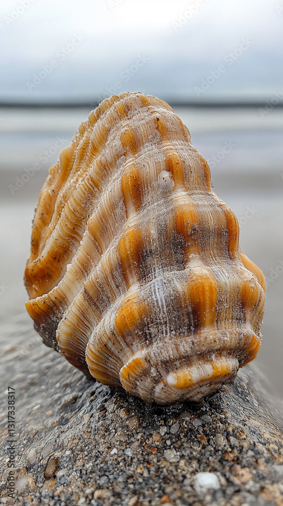 Poster close-up of brown seashell texture, showing intricate ridges and patterns, suggesting ocean, nature,