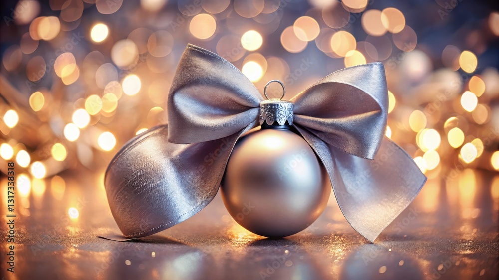 Poster a single silver christmas ornament adorned with a delicate bow sits in the soft glow of twinkling li