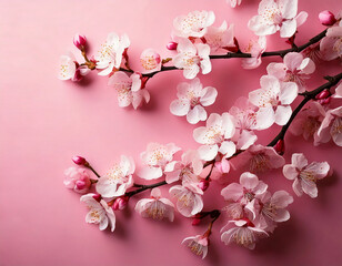 Obraz premium Zarte Kirschblüten auf pastellrosa Hintergrund – Elegante Frühlingsblüten in minimalistischer Komposition