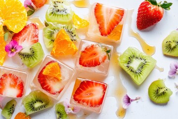 Close-up of melting ice cubes filled with strawberries, kiwi, and orange slices, surrounded by honey drizzle and edible flowers on a white surface.