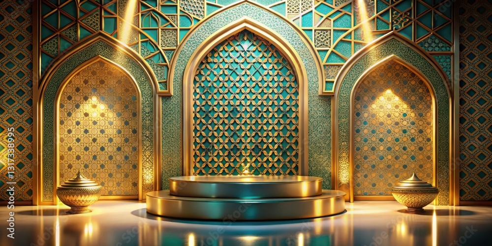 Aufkleber a decorative display with golden arches and a pedestal, embellished with intricate teal and gold pat
