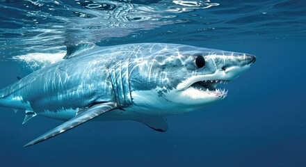 Naklejka premium A close-up of a sleek, giant mako shark,