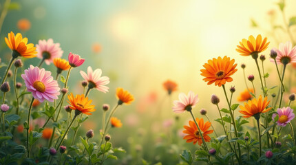 A close-up of bright, blooming wildflowers under the warm sun, creating a joyful atmosphere with a gentle blur in the background.