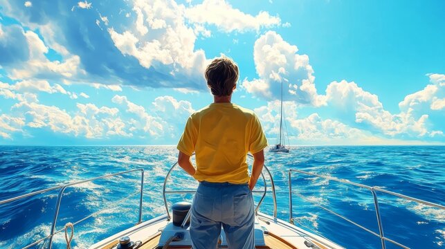 A man standing at the helm of a yacht, gazing out at the endless ocean