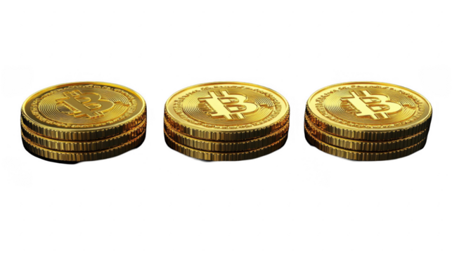 Three Stacked Gold Bitcoin Coins on a Transparent Background