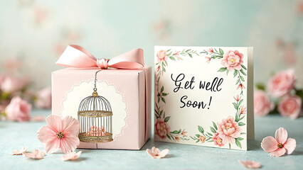 Get Well Soon Gift with Pink Flowers and Card for Recovery Wishes