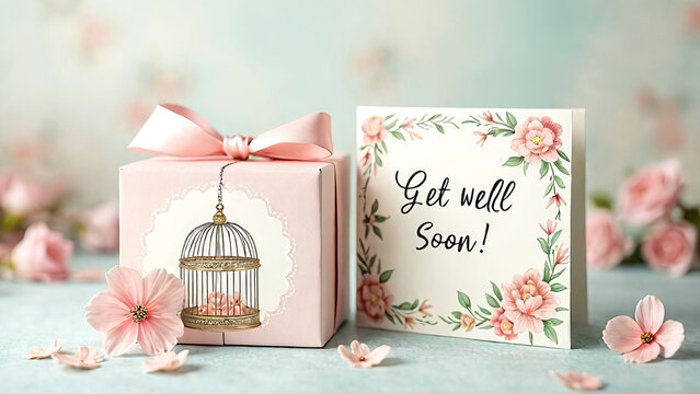 Get Well Soon Gift with Pink Flowers and Card for Recovery Wishes