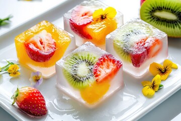 Refreshing fruit-infused ice cubes with kiwi, strawberries, and orange slices on a white plate, garnished with edible flowers and fresh fruit.