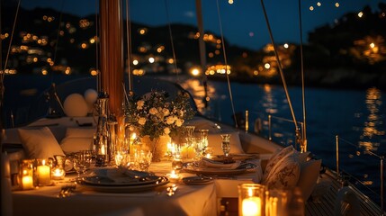 A romantic candlelit dinner set up on the deck of a yacht under the stars 