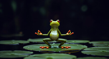 Frog doing yoga on a lily pad at a tranquil pond setting