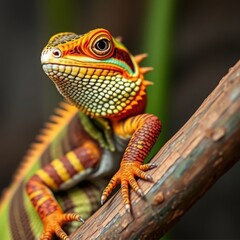 Fototapeta premium Vibrant Orange and Yellow Lizard Perched on a Branch