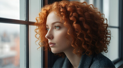 Generative ai illustration of pensive woman with curly red hair and soulful eyes gazing through a window her expression tinged with melancholy. Melancholy. Illustration