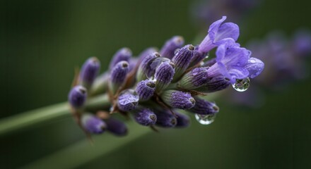 Lavender Flower Close-up with Water Droplets on a Blurred Background