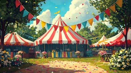 Summer festival celebrations park colorful tents outdoor festive atmosphere confetti rain chaos