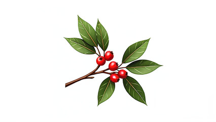 Branch with Green Leaves and Red Berries Illustration on White Background