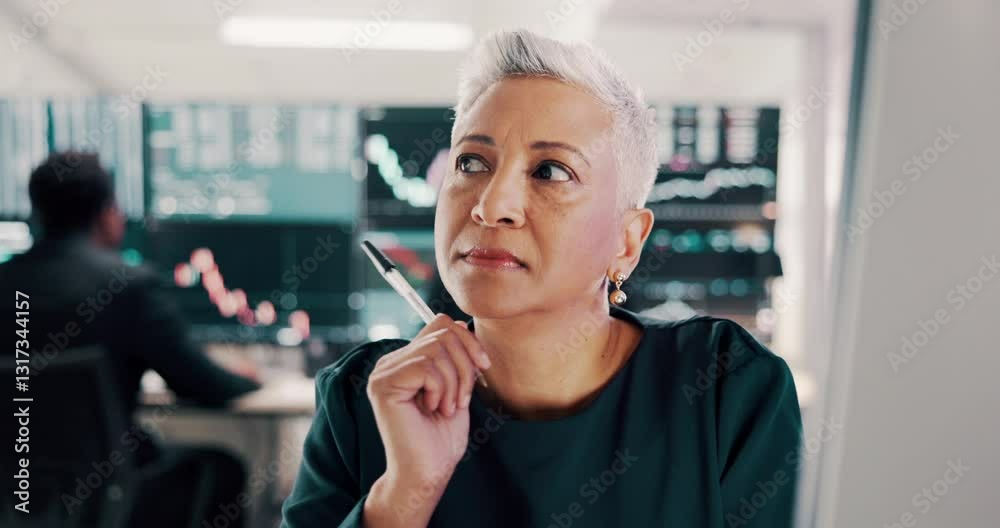 Aufkleber computer, stock market and thinking with mature woman in office for problem solving or trading. idea