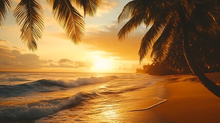 Golden Hour Serenity: Stunning Beach Sunset with Palm Trees Silhouetted Against a Radiant Sky and Gentle Ocean Waves.
