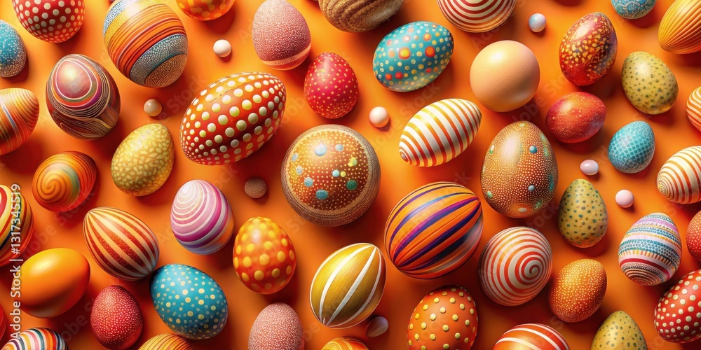 Poster a festive display of painted eggs in vibrant colors and patterns, arranged on a warm orange backgrou