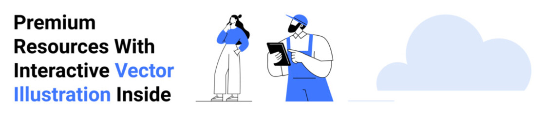 Man in overalls with a tablet and woman thinking, communicating about digital resources. Ideal for teamwork, tech solutions, education, cloud storage, creative projects, analysis, flat landing page