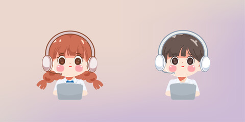 Happy cartoon cute student girl and boy study online school with computer laptop hand draw art illustration. Premium vector design.