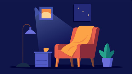 Fototapeta premium Relaxation Corner A cozy corner featuring a comfy chair dim lighting and a blanket inviting workers to take short relaxation breaks during the day.