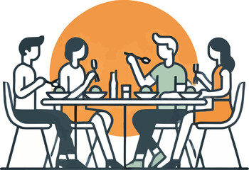 Four people dining together in a clean and modern style. they are seated at a table, casually interacting and enjoying. Friends Enjoying a Meal Together