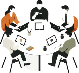 Business Lunch Meeting . Three business professionals having a lunch meeting at a round table. They are engaged in conversation