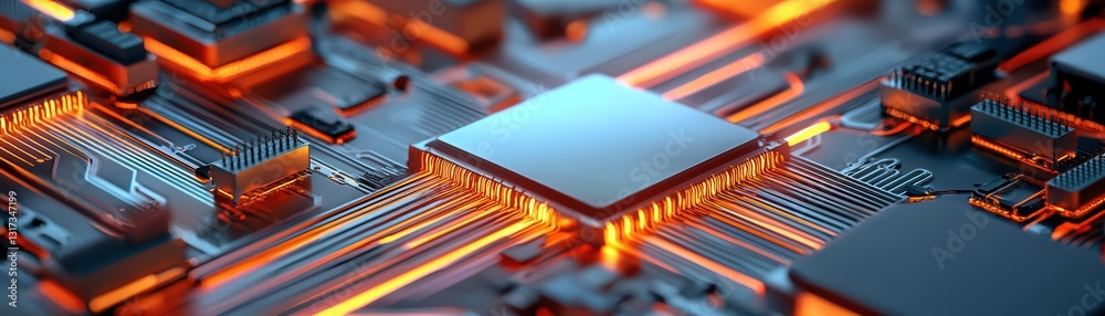 Poster hyper-realistic factory scene with futuristic assembling of advanced circuit board technology