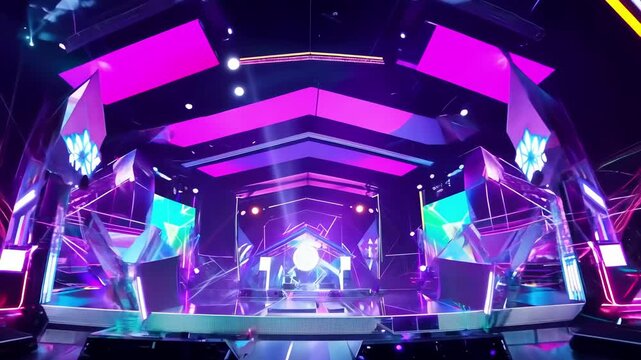 Futuristic neon stage with vibrant geometric lights for dynamic performances. concept of immersive technology, modern entertainment, vibrant artistry, cutting-edge events