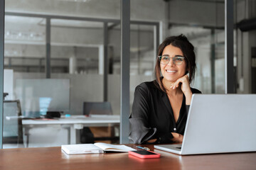 Portrait of smiling latin hispanic middle-aged business woman work on laptop computer in modern...