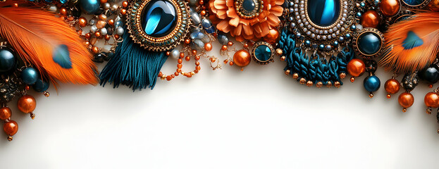 Orange, teal jewelry border; white background