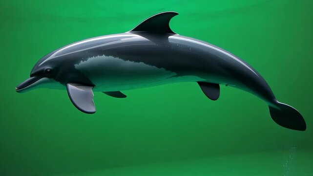 Dolphin swimming and moving gracefully against a vibrant green screen background, showcasing its sleek, streamlined body, smooth gray skin, and playful motion, perfect for animation and special effec