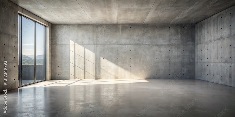 Aufkleber Sunlight streams through a large window in a spacious empty room with concrete walls and floor